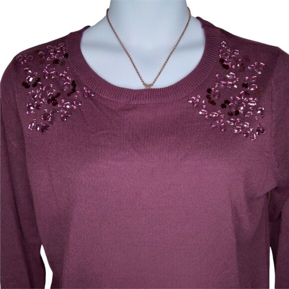 ROZ & ALI Crew Neck Eggplant Rhinestone Sweater 1X - Picture 2 of 6